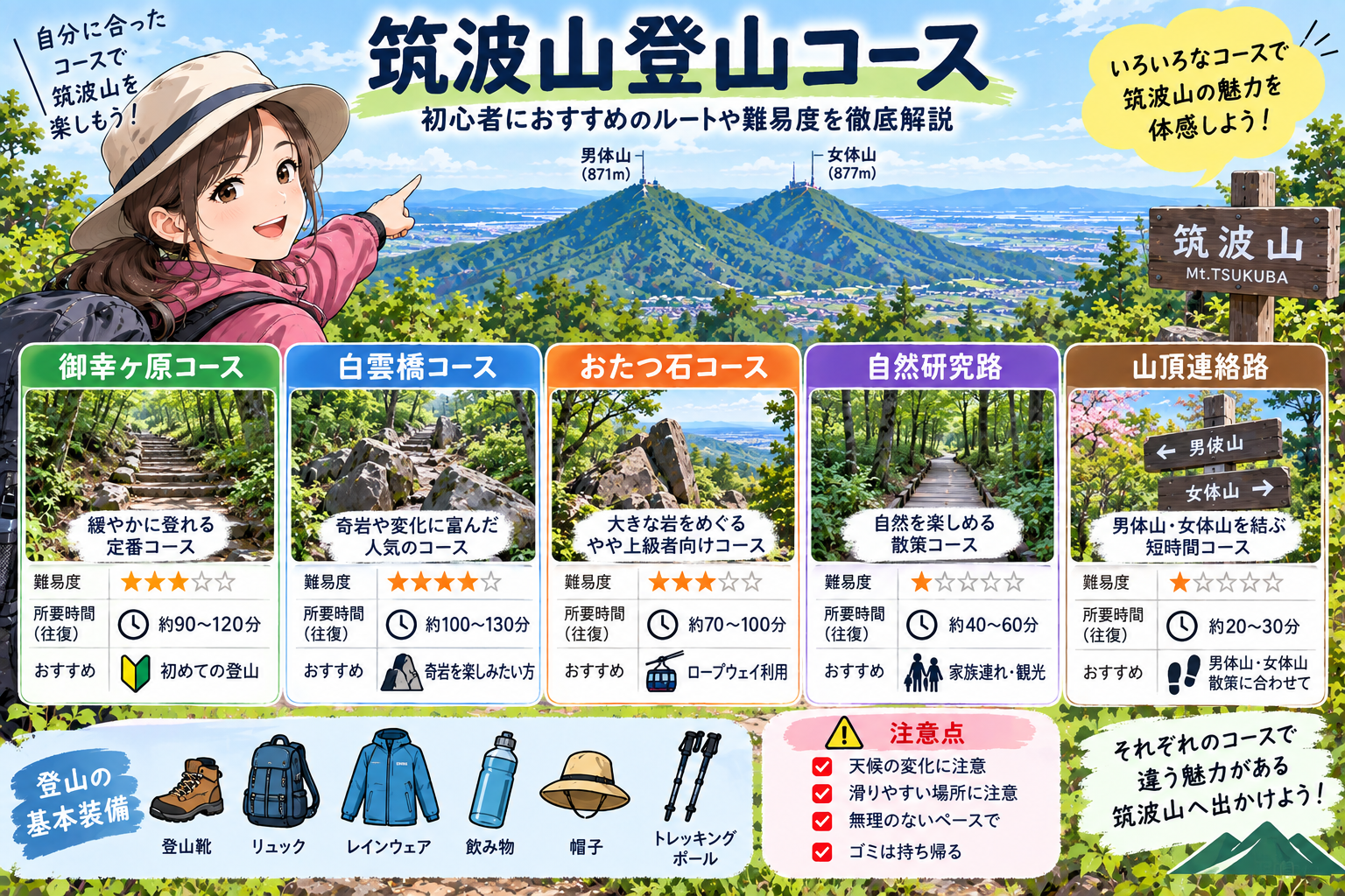 筑波山登山コースの初心者向けルートと難易度を紹介するイラスト