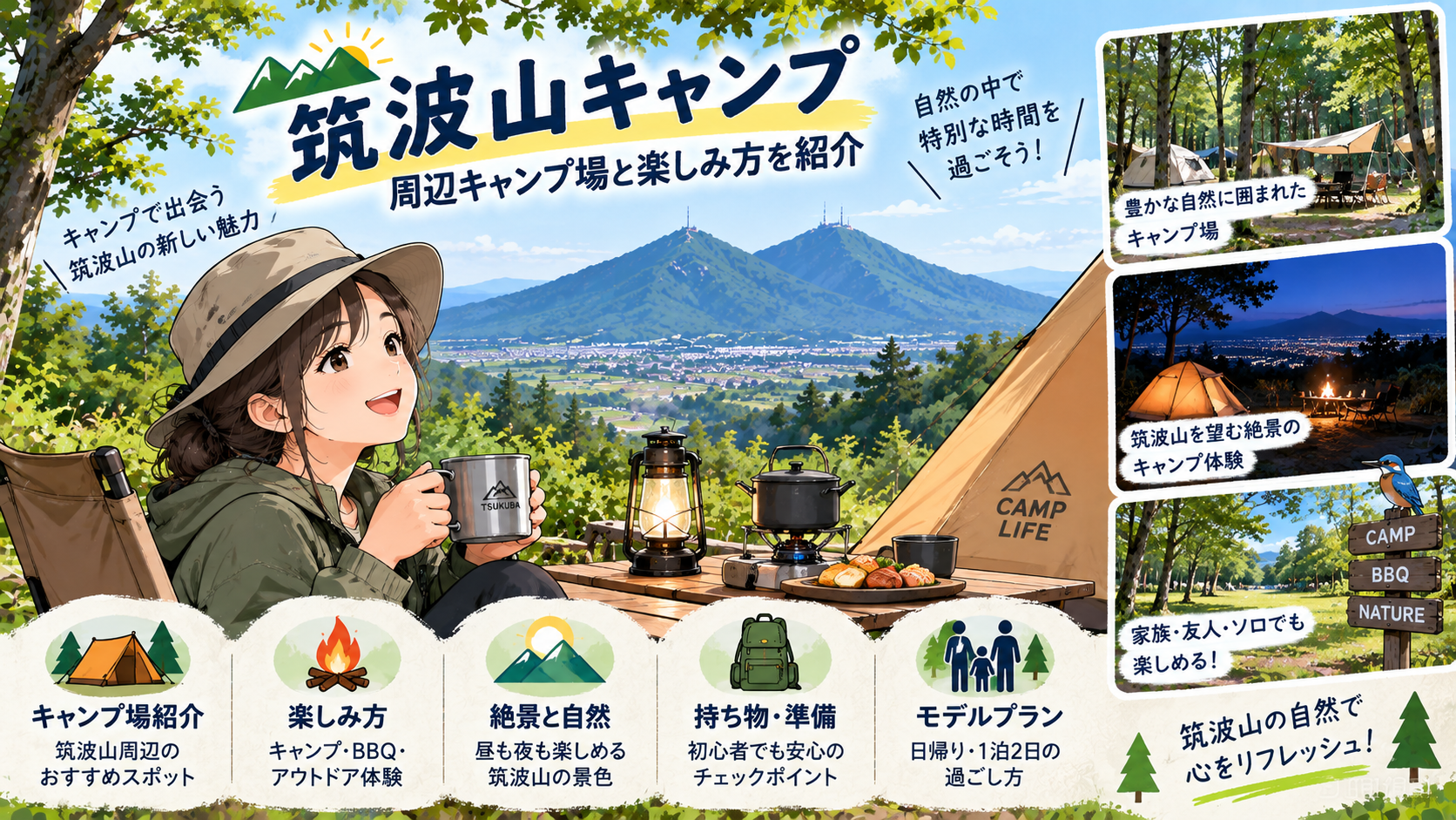 筑波山周辺のキャンプ場とキャンプの楽しみ方を紹介するイラスト