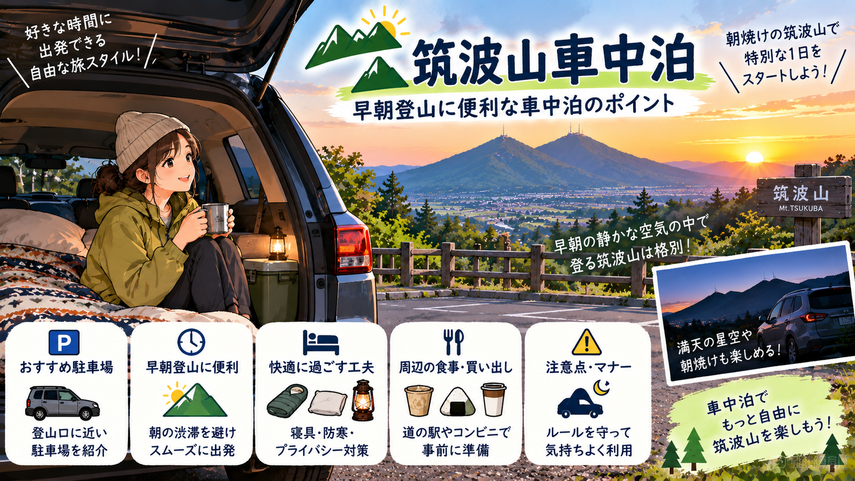 筑波山で早朝登山を楽しむための車中泊のポイントを紹介するイラスト