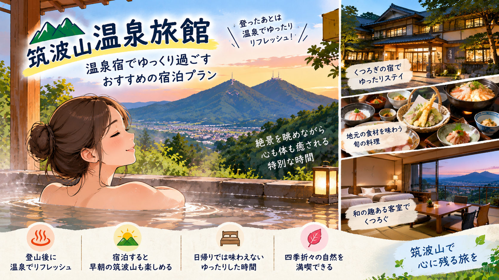 筑波山温泉旅館で露天風呂や料理、客室を楽しむ宿泊プランのイラスト