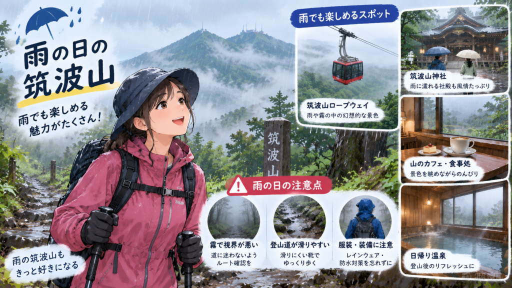 雨の日の筑波山と霧や滑りやすい登山道の注意点を紹介するイラスト
