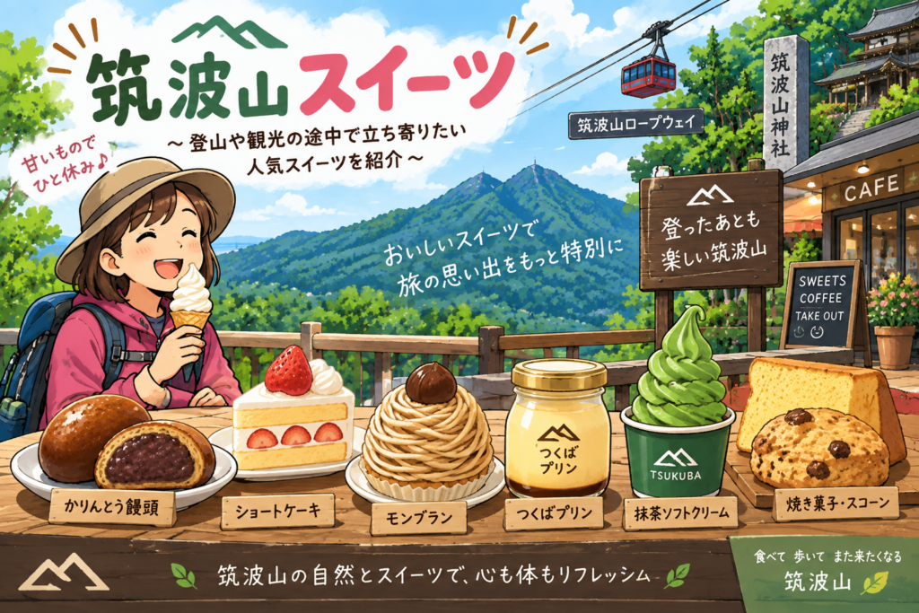 筑波山の登山や観光の途中で楽しめるかりんとう饅頭やソフトクリームなどのスイーツのイラスト