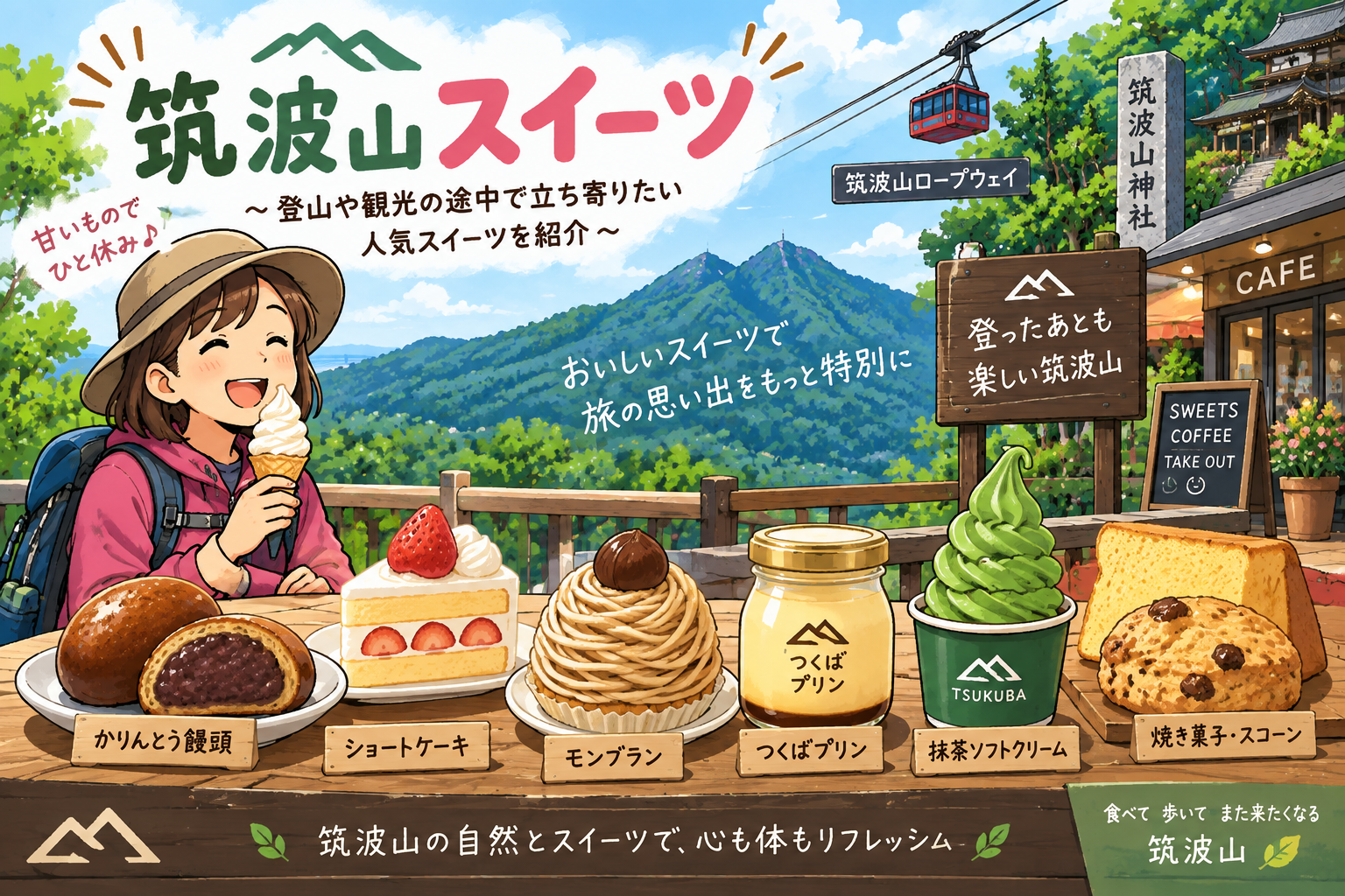 筑波山の登山や観光の途中で楽しめるかりんとう饅頭やソフトクリームなどのスイーツのイラスト