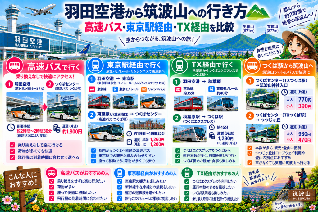 羽田空港から筑波山への高速バス・東京駅経由・TX経由の行き方を比較したイラスト
