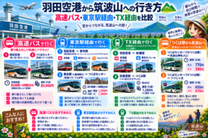 羽田空港から筑波山への高速バス・東京駅経由・TX経由の行き方を比較したイラスト