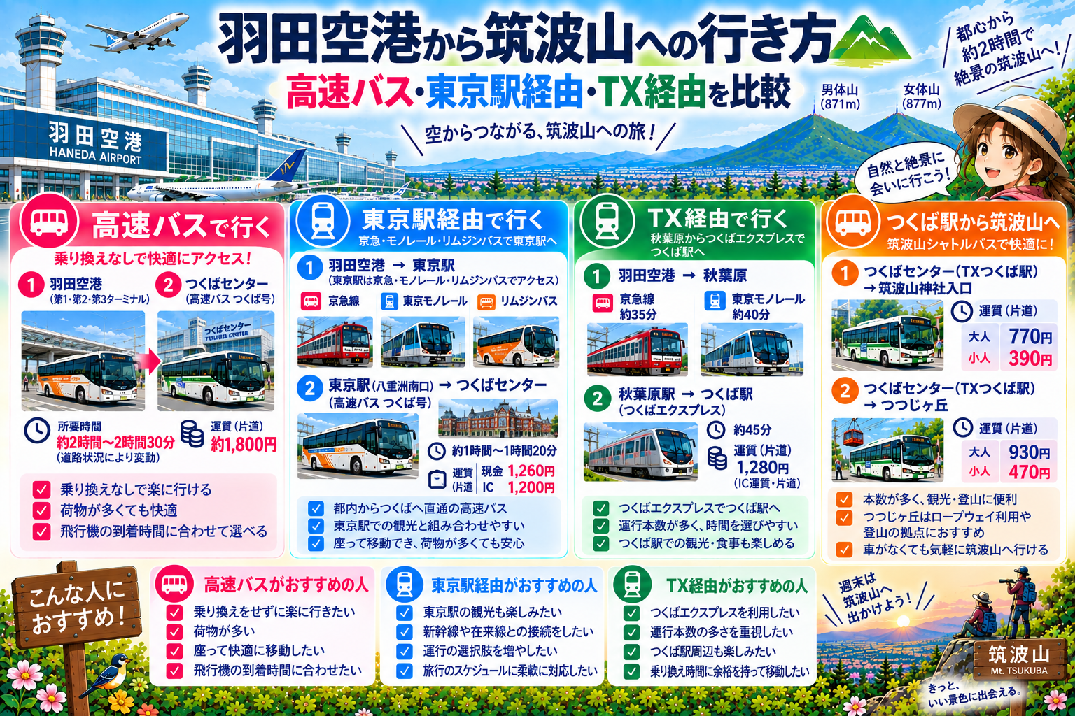 羽田空港から筑波山への高速バス・東京駅経由・TX経由の行き方を比較したイラスト