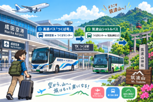 成田空港から高速バスと筑波山シャトルを乗り継いで筑波山へアクセスするイラスト