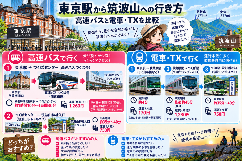 東京駅から筑波山への高速バスと電車・TXの行き方を比較したイラスト