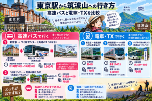 東京駅から筑波山への高速バスと電車・TXの行き方を比較したイラスト