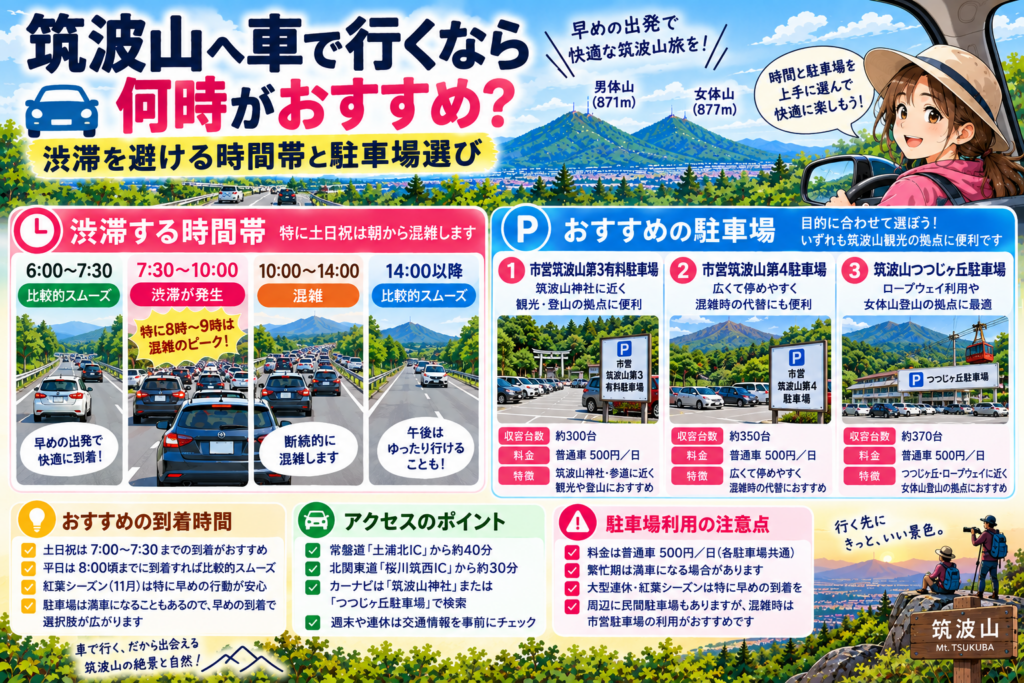 筑波山へ車で行くおすすめ時間帯と市営筑波山第3・第4駐車場、つつじヶ丘駐車場を紹介するイラスト