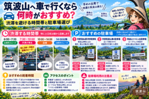筑波山へ車で行くおすすめ時間帯と市営筑波山第3・第4駐車場、つつじヶ丘駐車場を紹介するイラスト