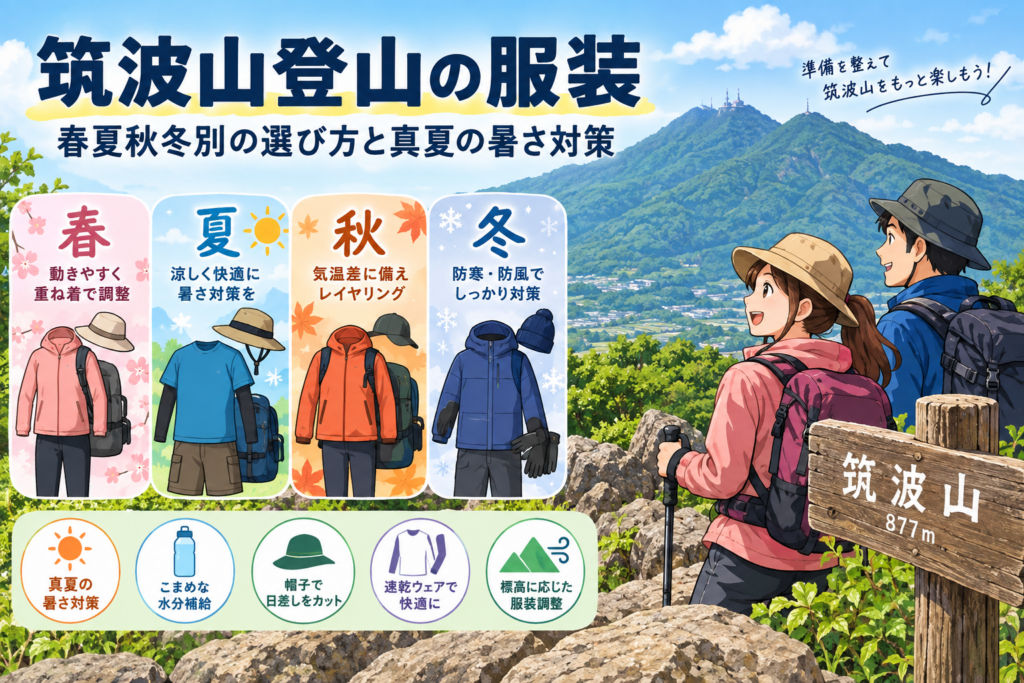筑波山登山の春夏秋冬別の服装と真夏の暑さ対策を紹介するイラスト