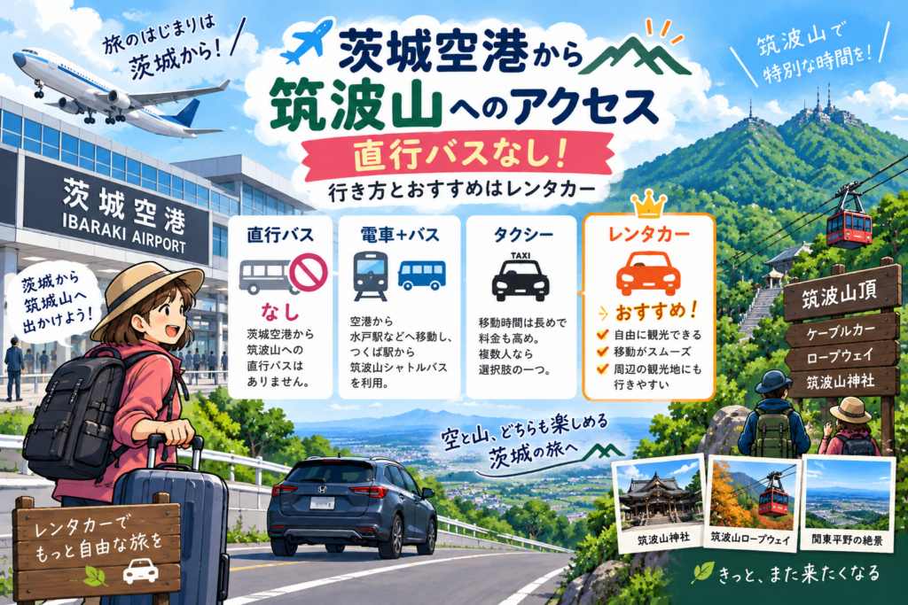 茨城空港から筑波山へのアクセス方法とおすすめのレンタカーを紹介するイラスト
