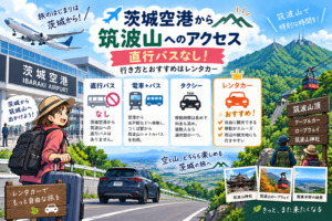 茨城空港から筑波山へのアクセス方法とおすすめのレンタカーを紹介するイラスト