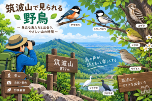 筑波山で見られるヤマガラ・シジュウカラ・コゲラ・メジロなどの野鳥を紹介するイラスト