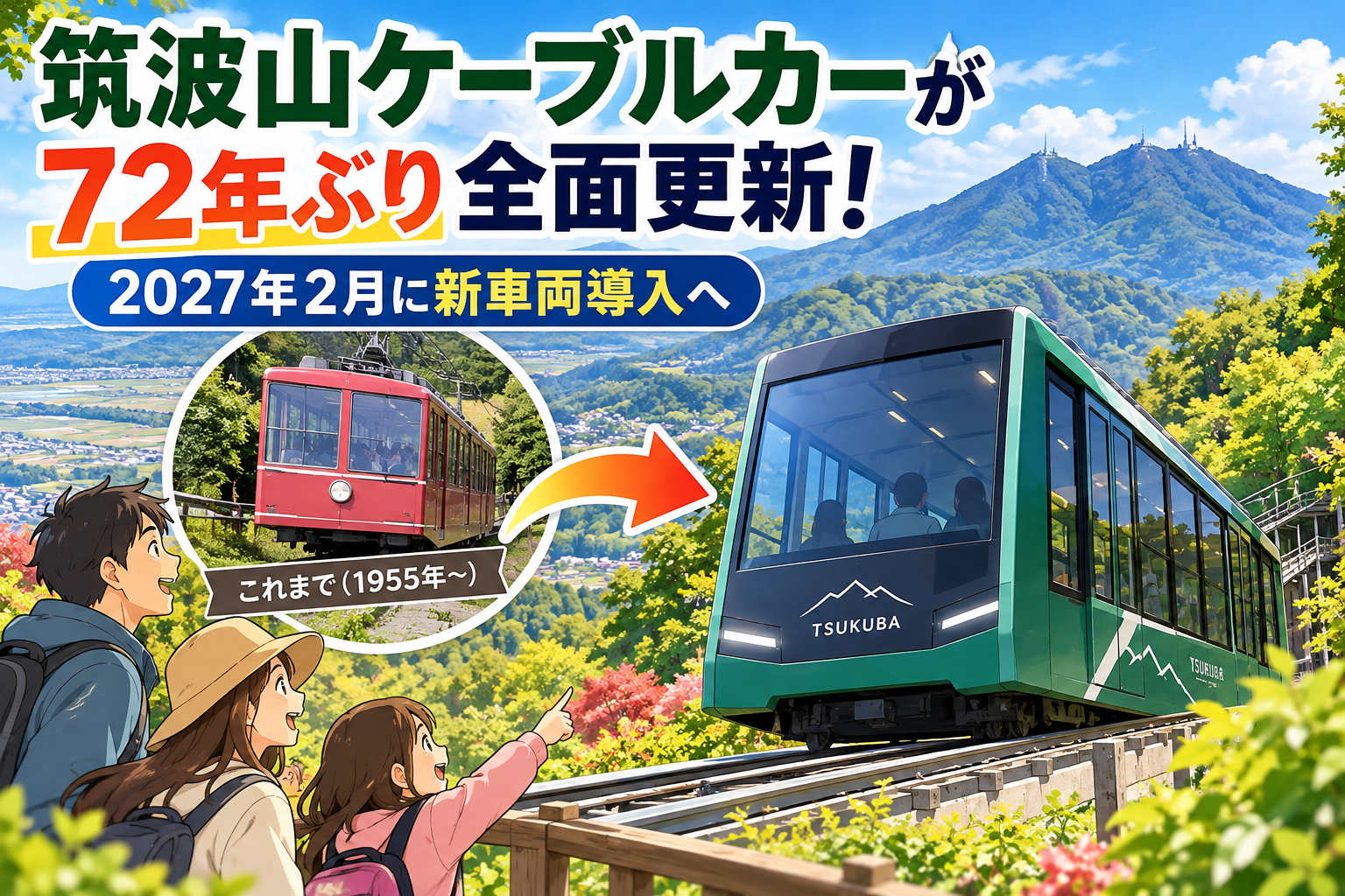 筑波山ケーブルカーが72年ぶりに全面更新され、2027年2月に新車両が導入されることを紹介するイラスト