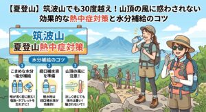 夏の筑波山登山での熱中症対策と水分補給を紹介するイラスト