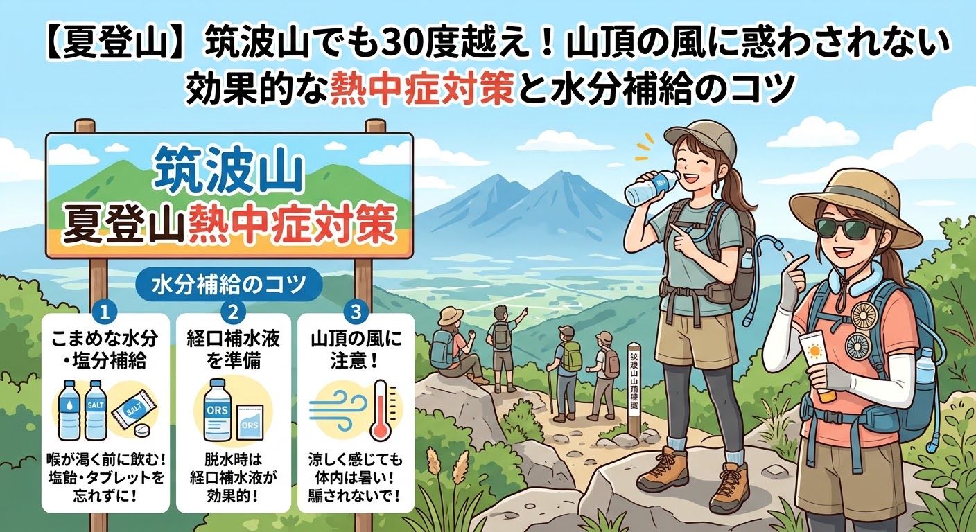 夏の筑波山登山での熱中症対策と水分補給を紹介するイラスト