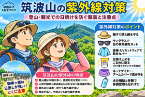 筑波山の登山・観光での日焼けを防ぐ紫外線対策と服装のイラスト