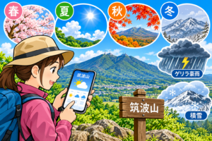 筑波山の天気予報をスマートフォンで確認する登山者と、春夏秋冬・ゲリラ豪雨・積雪のイラスト