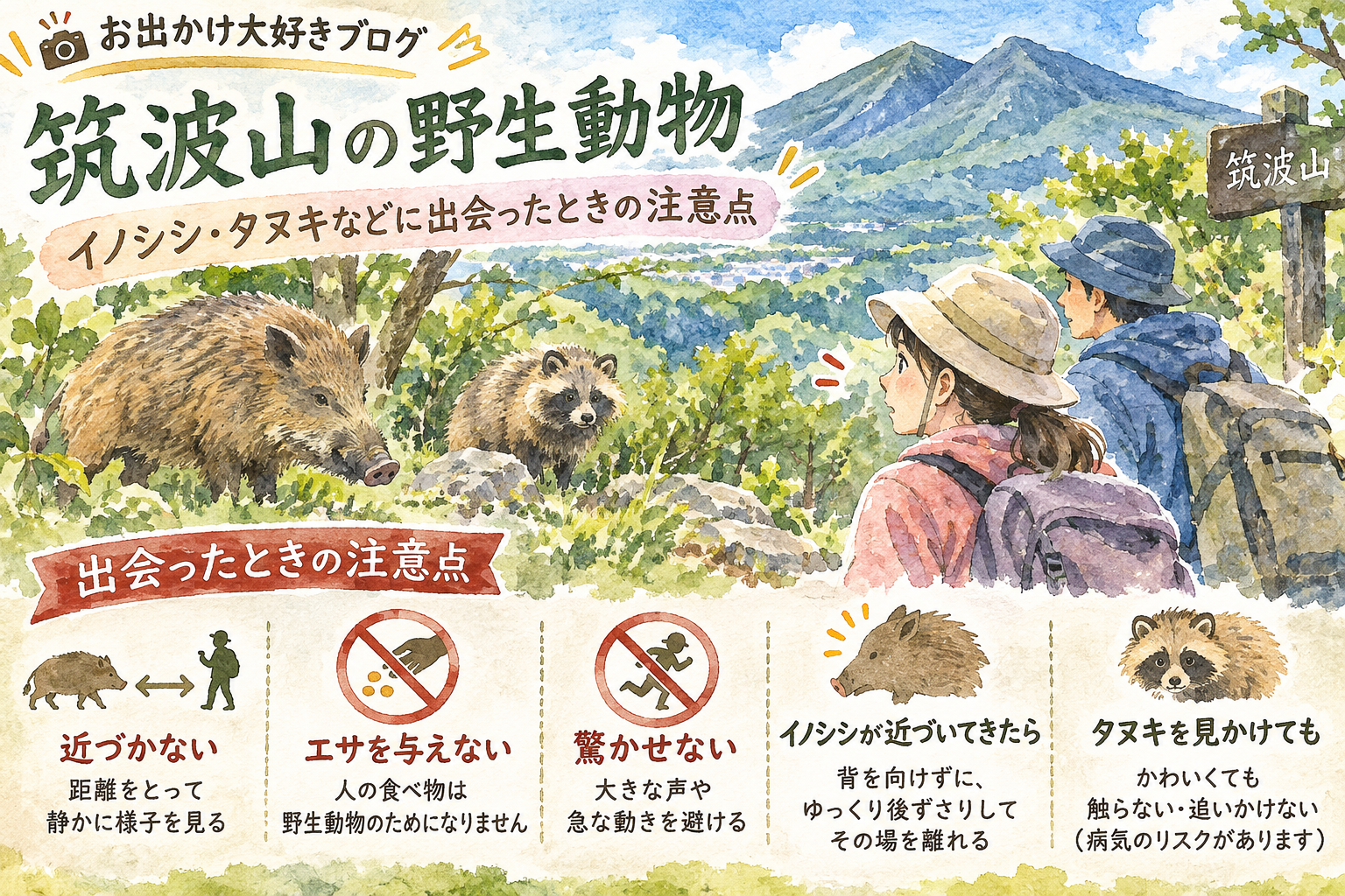 筑波山でイノシシやタヌキなどの野生動物に出会ったときの注意点を紹介するイラスト